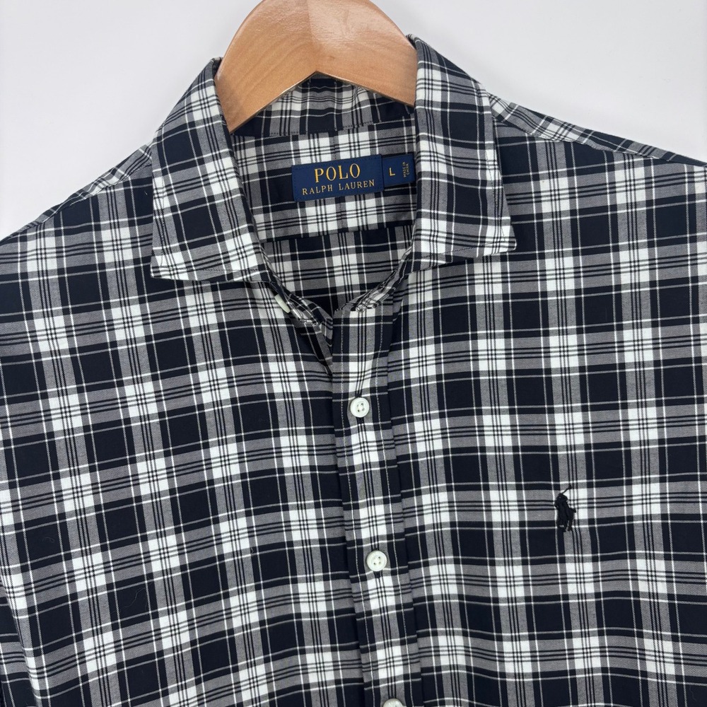Polo Ralph Lauren Open Collar Button Down Shirt‎ Mens L Black Plaid Preppy